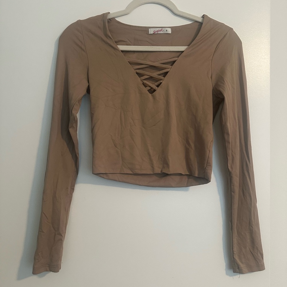 SUPRE Tan Long Sleeve Crop Top